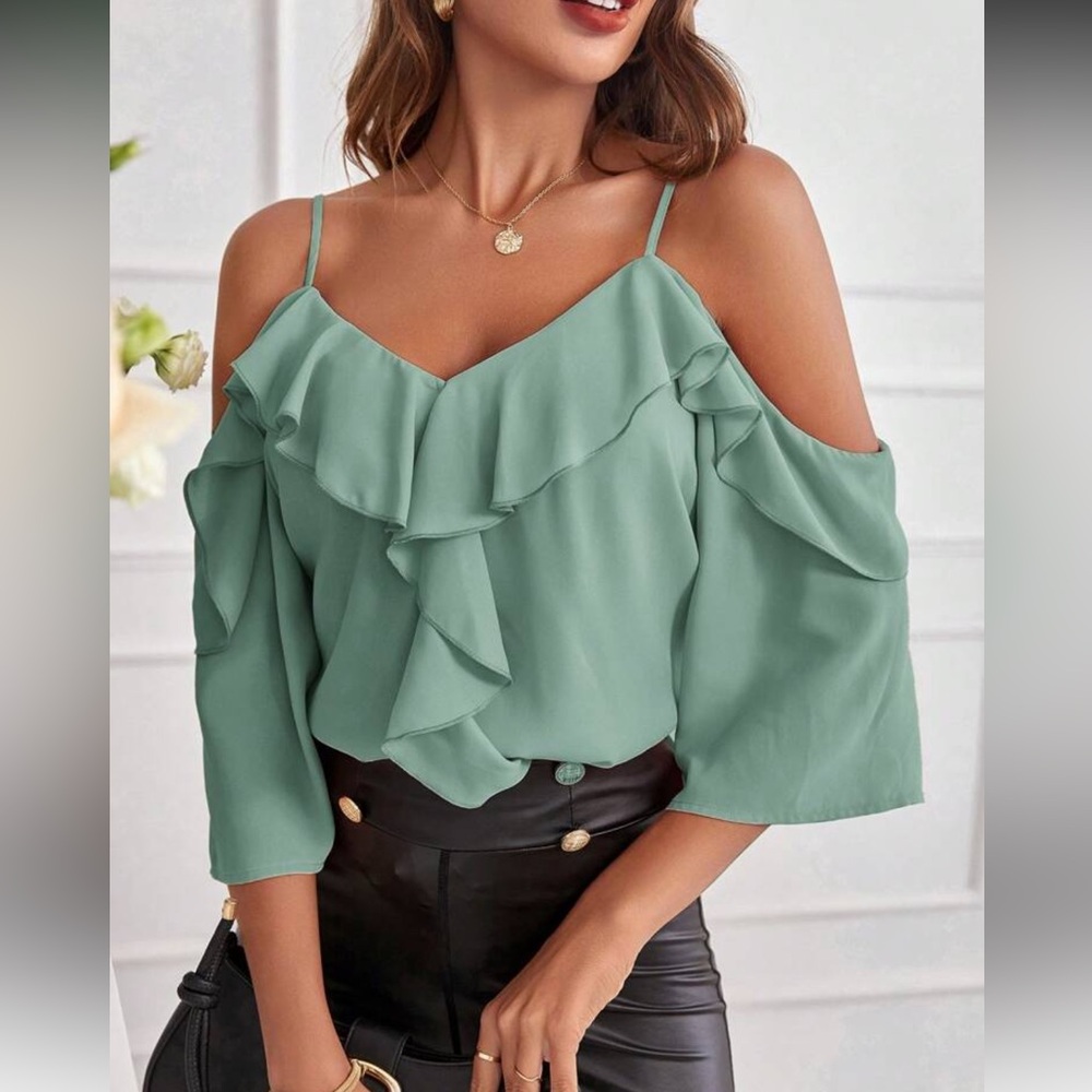 Elegant Red Ruffle Cold Shoulder Top - Picture 12 of 16